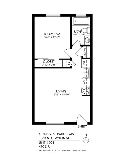 Floor plan for 1 bed, 1 bath, 450 sqft